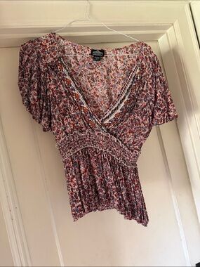 Angie Pink and Red Floral Smocked V-Neck Blouse
